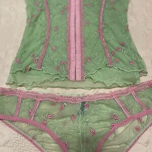 Green and Pink Lace Lingerie Set